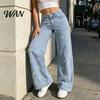 High Elasticity Denim Girl's Bow Cherry Print Baggy Jeans, Wide Leg Mid Waisted Women Jeans Pants, Zipper Fly Elastic Casual Streetwear with Pockets