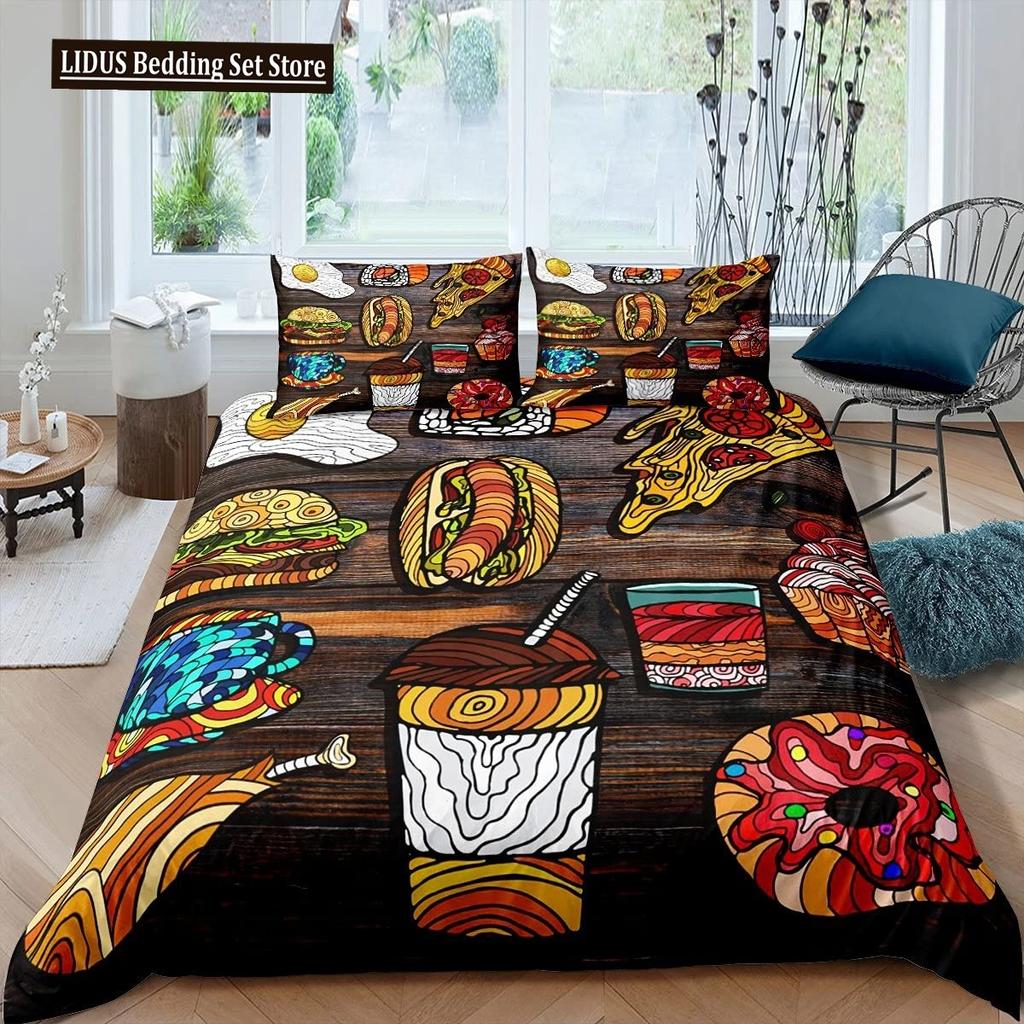 Amerikanisches Fast Food Bettbezug Set Doppelgröße Pizza Hotdog Bettdeckenbezug Hamburger Print Bettwäsche Set Pommes Quiltbezug
