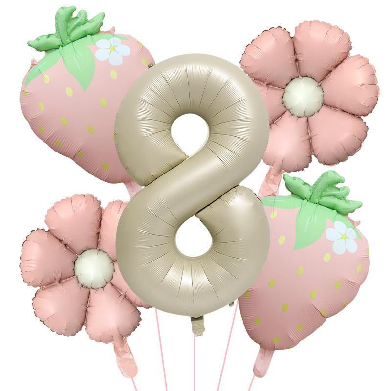 5Pcs Matte Milk White Fruit Strawberry Flower Foil Balloon with 32inch Number Balloon Berry First Birthday Summer Party Supplies