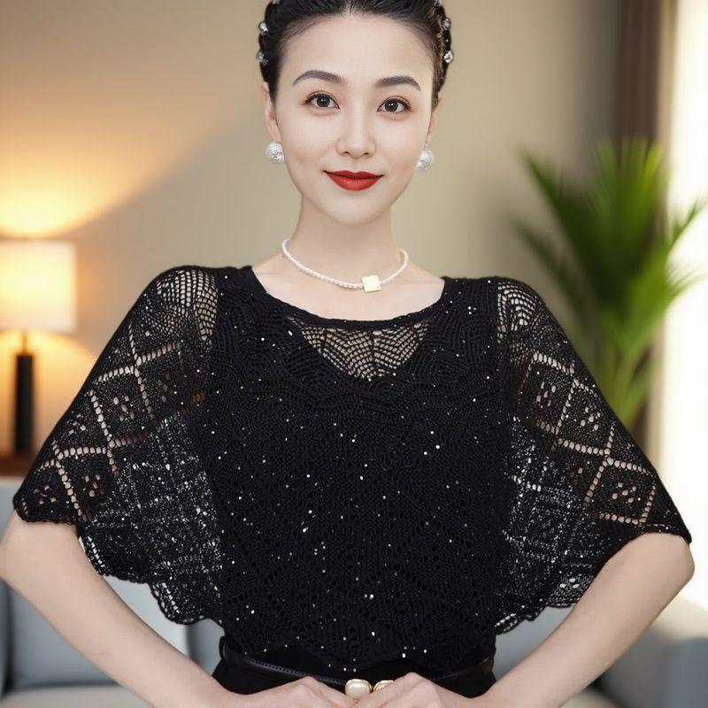 Ladies Knitted Ice Silk Shawl Summer Lightweight Hollow Out Design Fashionable Sequin Shoulder Cover Head Over Shoulder Wrap