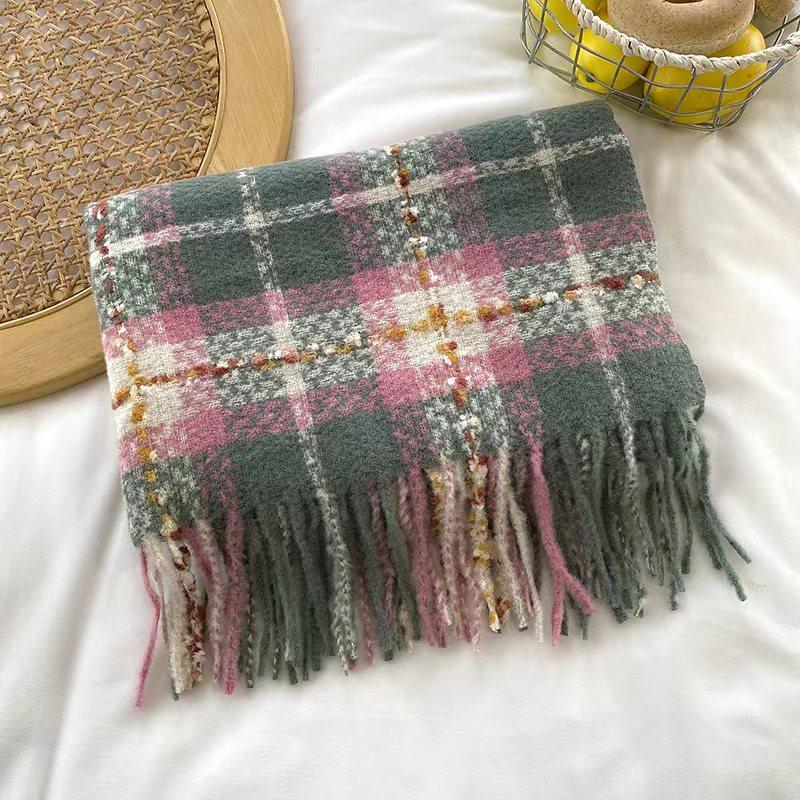 Autumn Winter Korean Campus Style Cheese Plaid Design Soft Faux Cashmere Tassel Warm Scarf