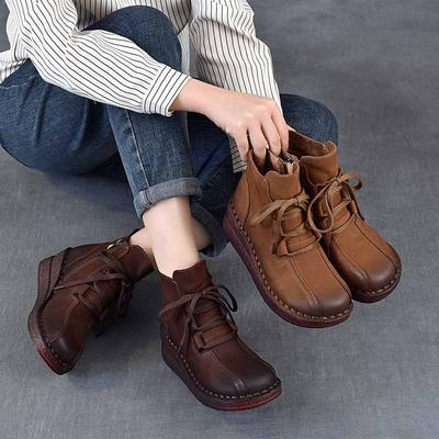 Retro Wedges Soft Soled Short Boots Genuine Leather Plush Warm Women's Boots