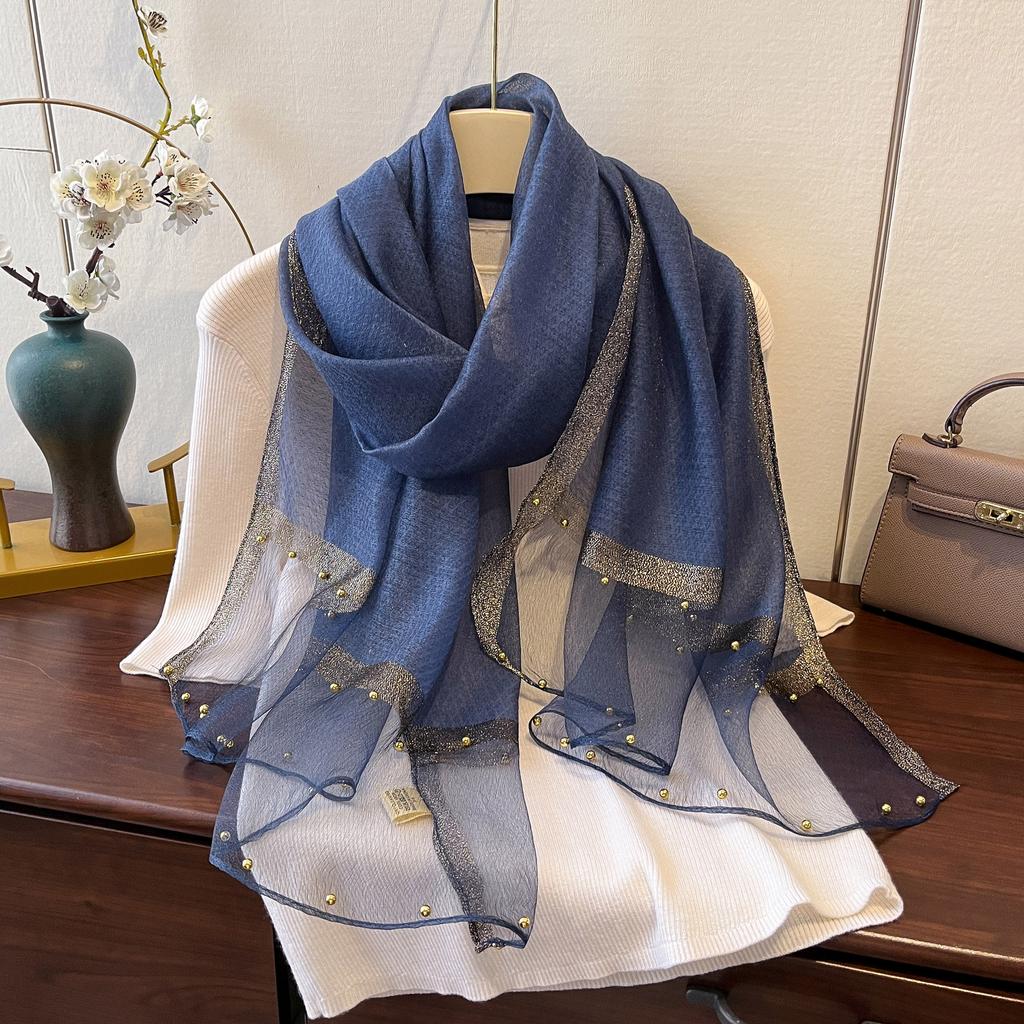 New Spring and Summer Thin Gold-edged Beaded Scarf Scarf for Women Solid Color Versatile Shawl Korean Version of Imitation Silk Long Silk Scarf