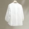Women's V-Neck Embroidered Ramie Loose-Fit Blouse with Hollow-Out Design