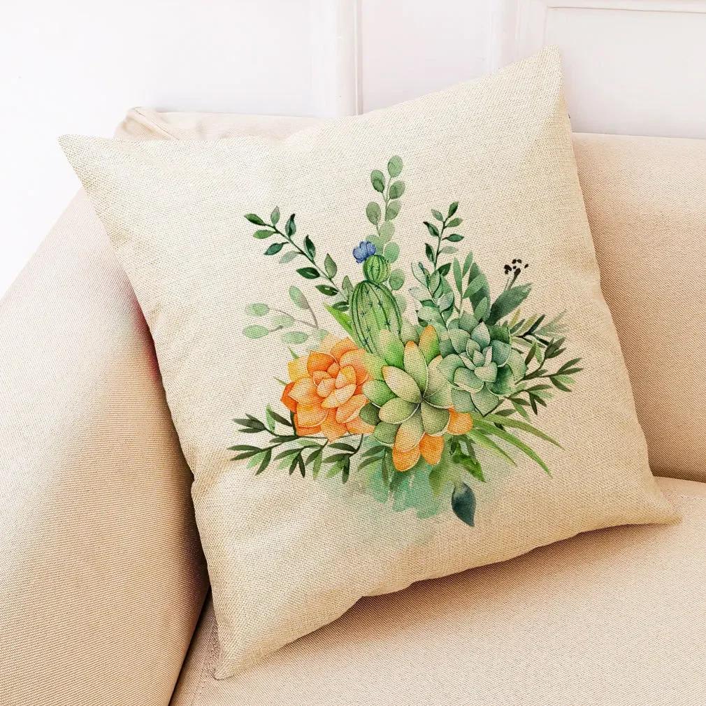 Succulent Cactus Plant Pattern Pillowcase Linen Pillowcase Car Seat Throw Sofa Home Decorative Pillowcase 45*45Cm