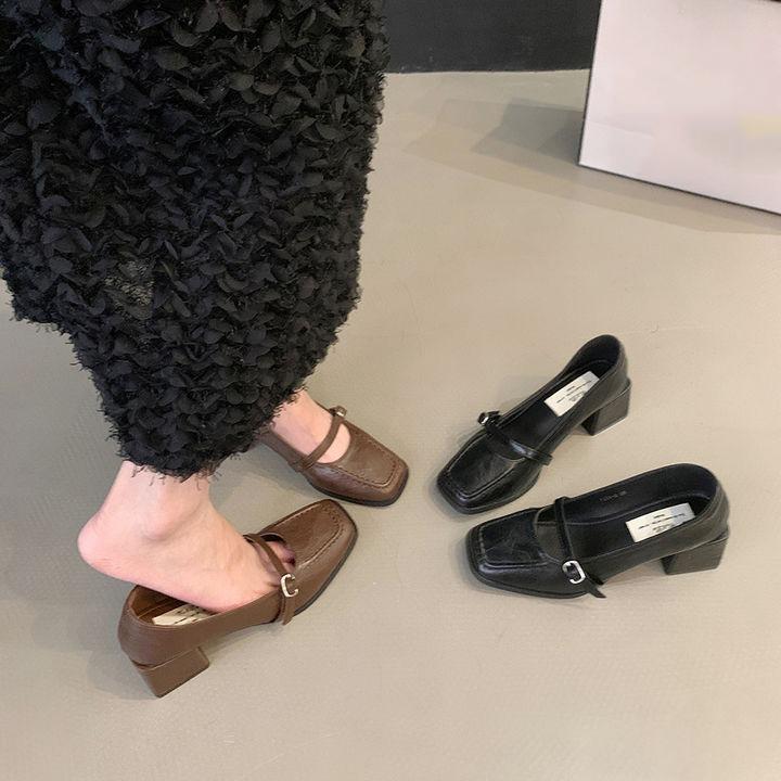 Vintage French Style Single Shoes for Women, Spring and Autumn Black Mary Jane Leather Shoes