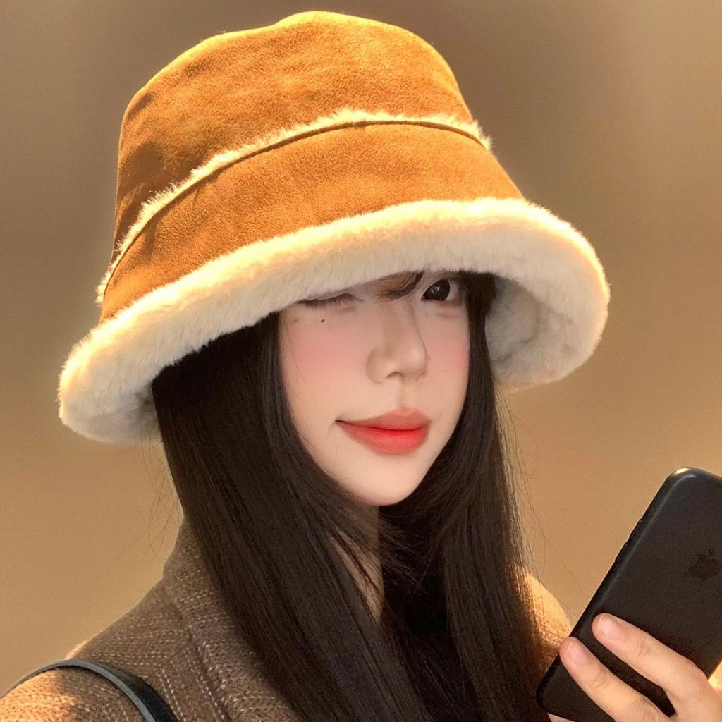 Autumn and Winter Versatile Retro Suede Fisherman's Hat Children Thickened Warm Face Small Plush Basin Hat Plain Bucket Hat