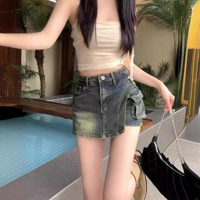 2024 Sommer Amerikanischer Retro High-Waist A-Linien Jeansrock mit Taschen
