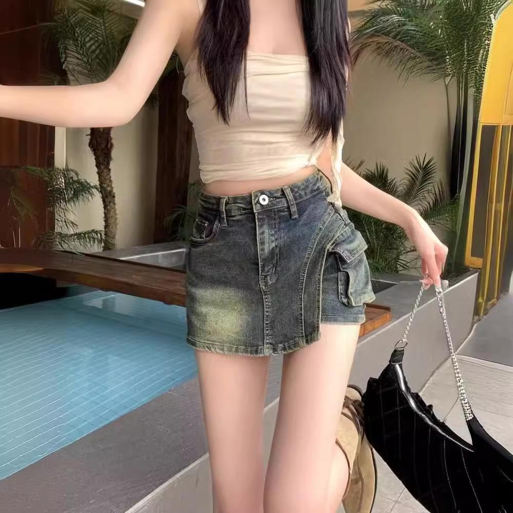 2024 Summer American Retro High-Waist A-Line Denim Skirt with Pockets
