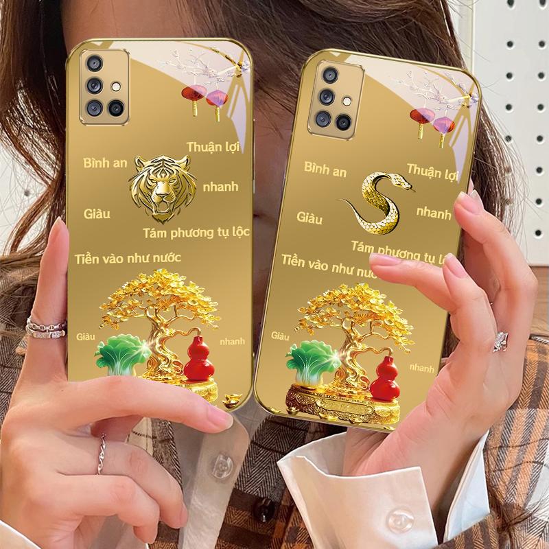 Gradient Golden Tiger For Samsung A 01 52S A04 A05S A10 A12 A13 22 23 24 36 42 M02 Note 10 20Ultra 8 9 Golden glass phone case