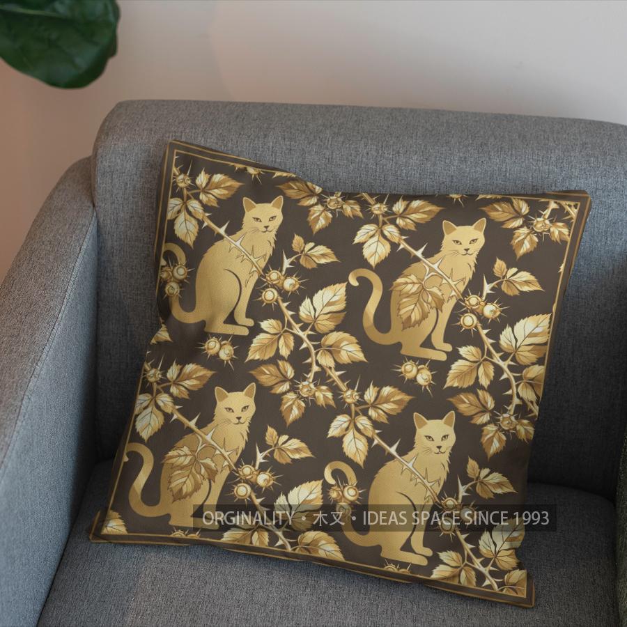 2D Golden Cats And Vine Pattern Pillow Cover Pattern Cushion Cover Suitable For Sofa Bedroom Car Pillow Cover