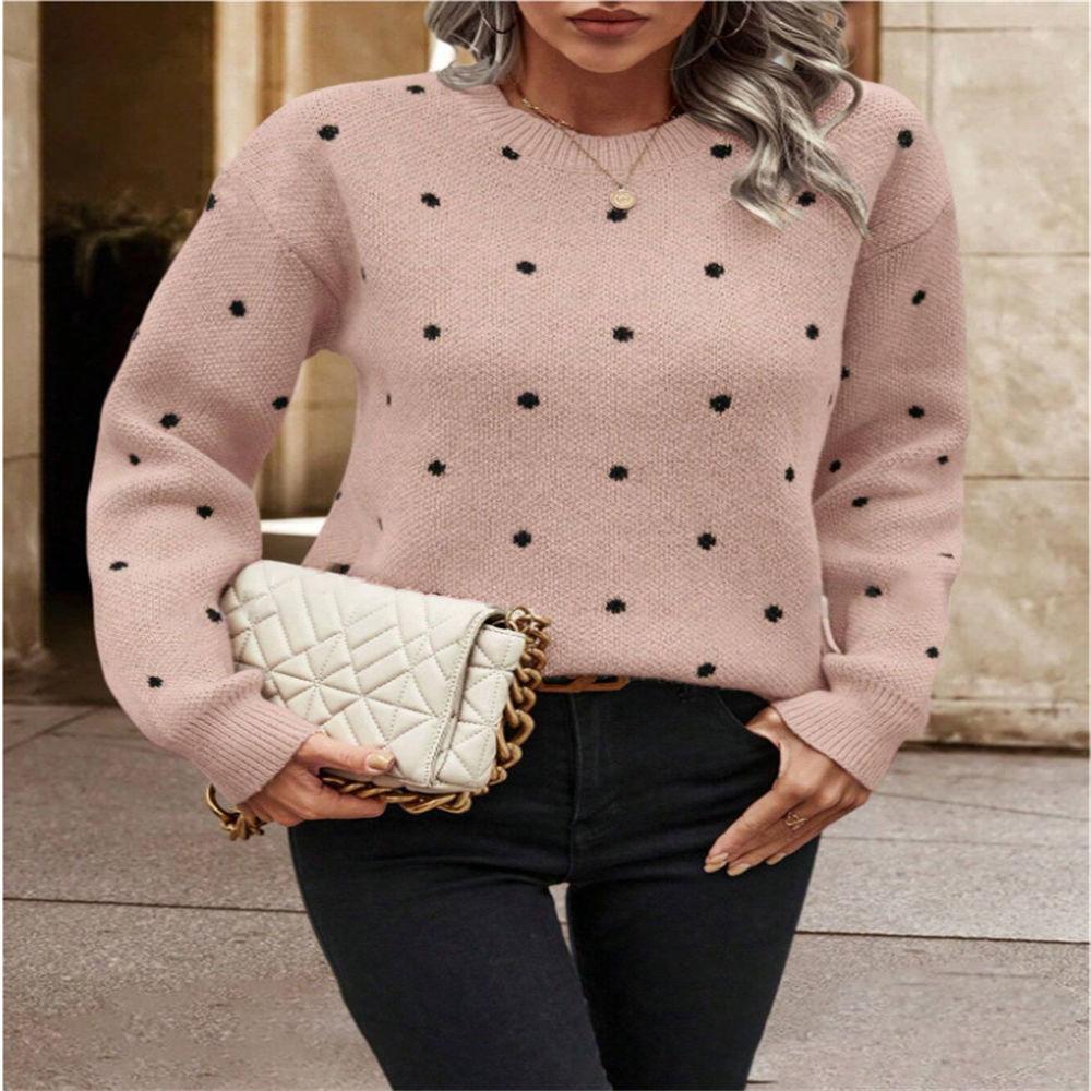 Women's Autumn & Winter Polka Dot Jacquard Crew Neck Pullover, Elegant Loose Knit Sweater S-XL