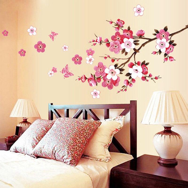 Beautiful 3d Room Peach Blossom Flower Butterfly Vinyl Art Decal For Home Mural Decoration
