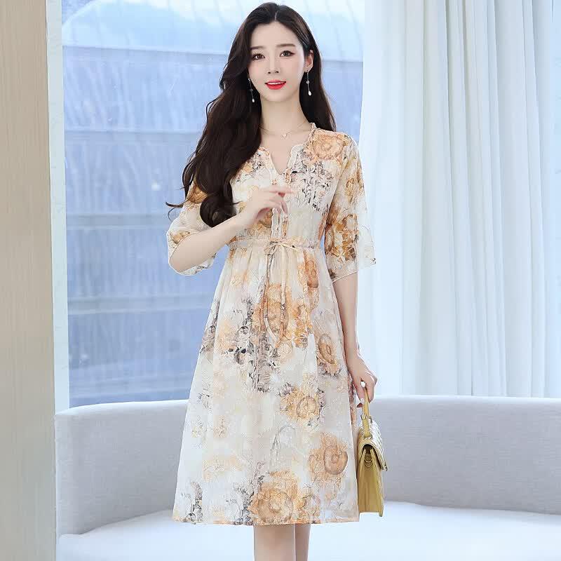 La Chapelle Summer Yellow A-Line Short Sleeve Dress M
