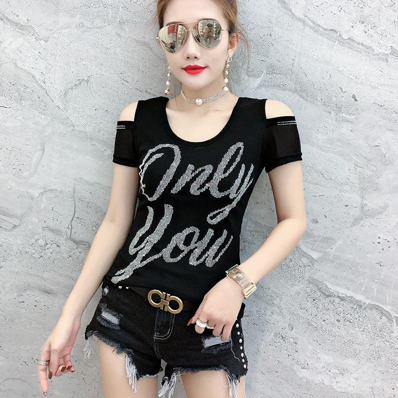 New Style Heavy Craftsmanship Fashion Diamond-covered Shoulder-open Sexy Beautiful Back Slim Body Slim Body Slim T-shirt Trendy