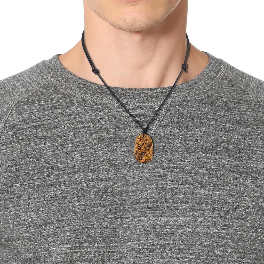 Dragon Carving Tiger Eye Power Stone Necklace Plate Pendant for Men Enhances Wealth and Protection Against Evil Spirits [COAI] -