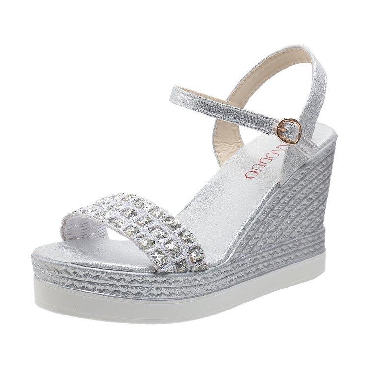 New summer Roman round head flat bottom wedge heel rhinestone fish mouth sandals 35 серебряный