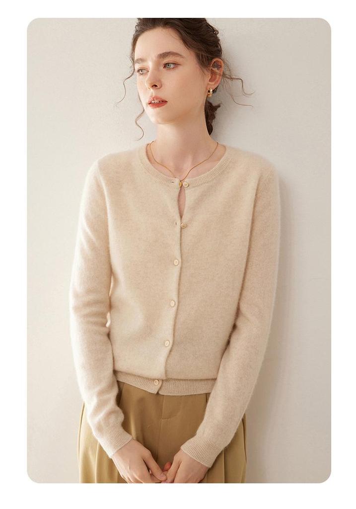 Women's Round Neck Slimming Cashmere Cardigan - Autumn/Winter 2024 Collection, Solid Color Short Jacket