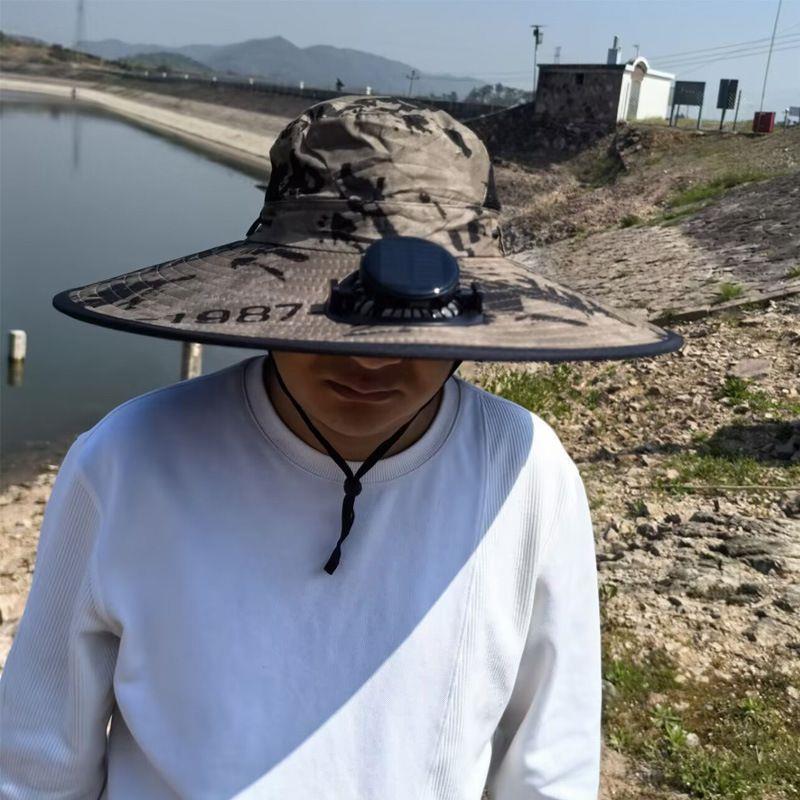 Solar-powered Fan Large Brim Hat for Men, Outdoor Sun Protection Hat, Summer Sun Hat, Hiking Fisherman Hat