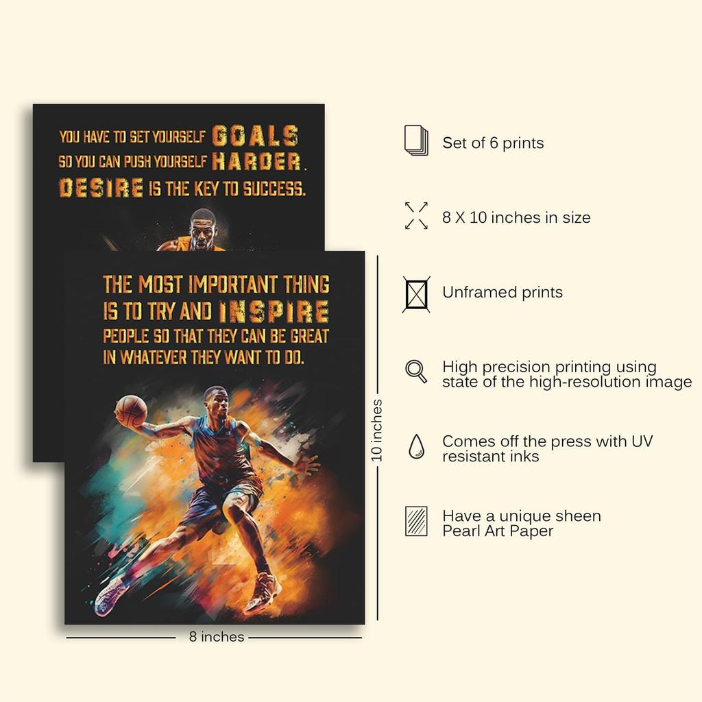 Motivational Quote Poster, pirational Sports Decor For Boys & Men's Room, Gift For Basketball Fans - Set Of 6, 8x10 In