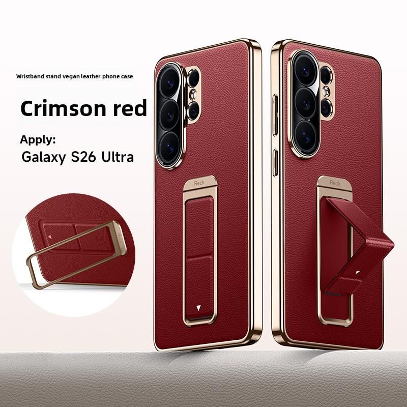 Luxury Business Leather Alloy Folding Stand Phone Case for Samsung S26 Ultra S25 S24 S23 Anti-fall Wrist Strap For Magsafe Cover