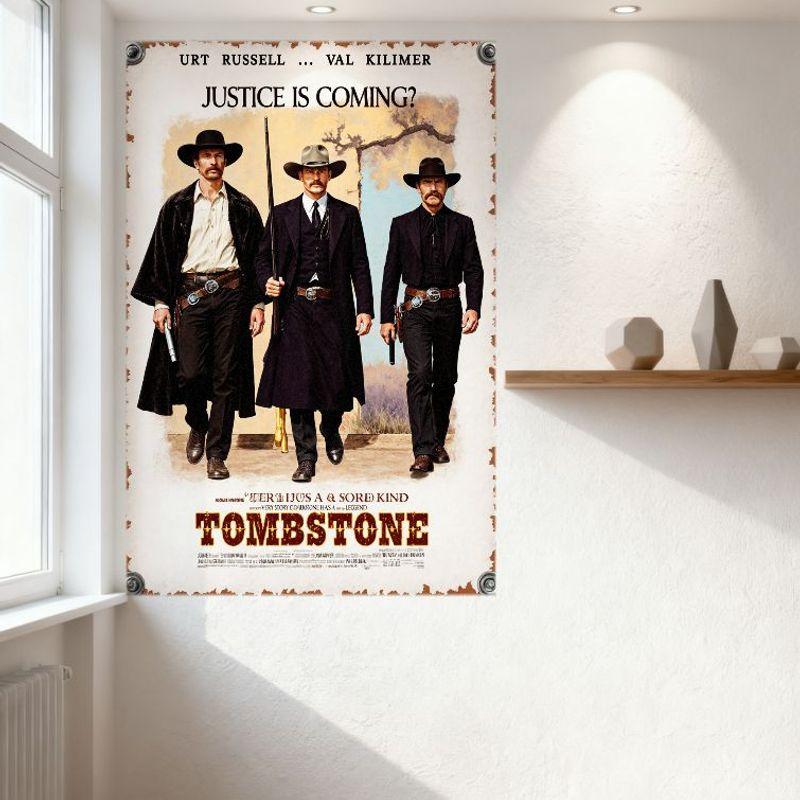 Tombstone Movie Poster Rustic Aged Old West Metal Tin Sign - Val Kilmer, Kurt Russell, Justice Is Coming, Desert Landscape Decor