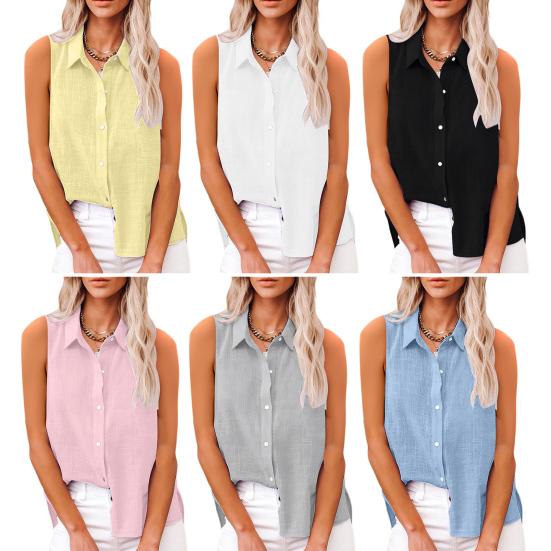 Women Shirt Lapel Sleeveless Button Down Shirt Pure Color Loose Fit
