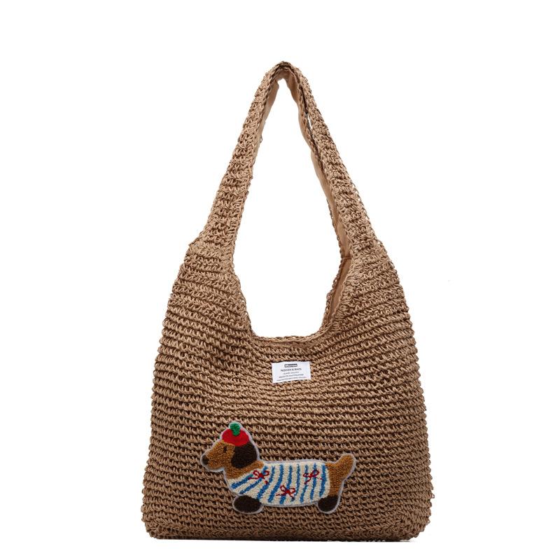 New fashion woven dachshund dog shoulder women's bag large capacity cotton rope tote bag vacation beach tote bag bag