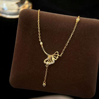 Tassel Apricot Leaf Necklace for Women's Literary Retro Chinese Style Hollow Design Diamond Temperament Collarbone Chain