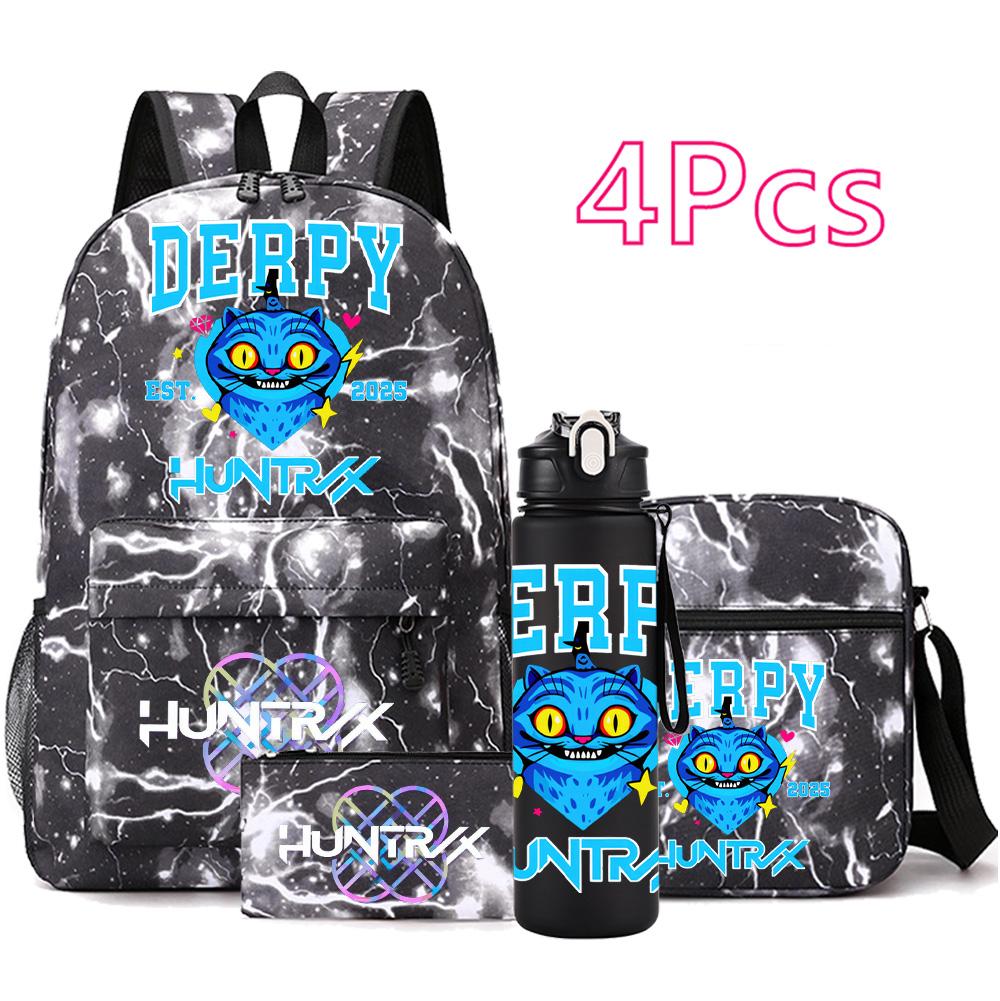 4Pcs/set Anime Cute KPop Printed Backpack with 750Ml Water Bottler for Teenager Student Girl Boy Bookbag Kid Gift Large Capacity Waterproof Travel Bag