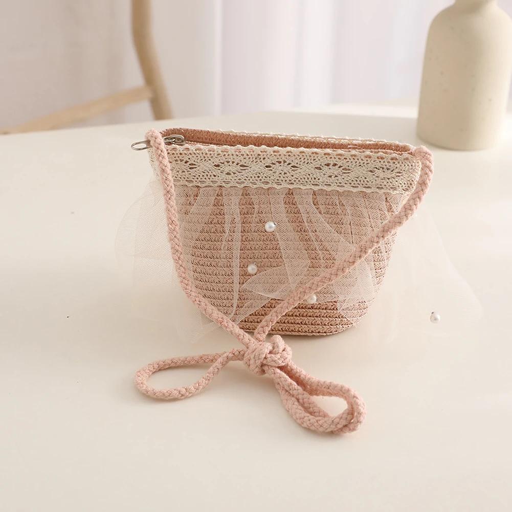 Elegant Summer Kids Straw Hat with Lace Wide Brim Cute Breathable Sun Hat Shoulder Bag for Girls Beach Outdoor Sunscreen