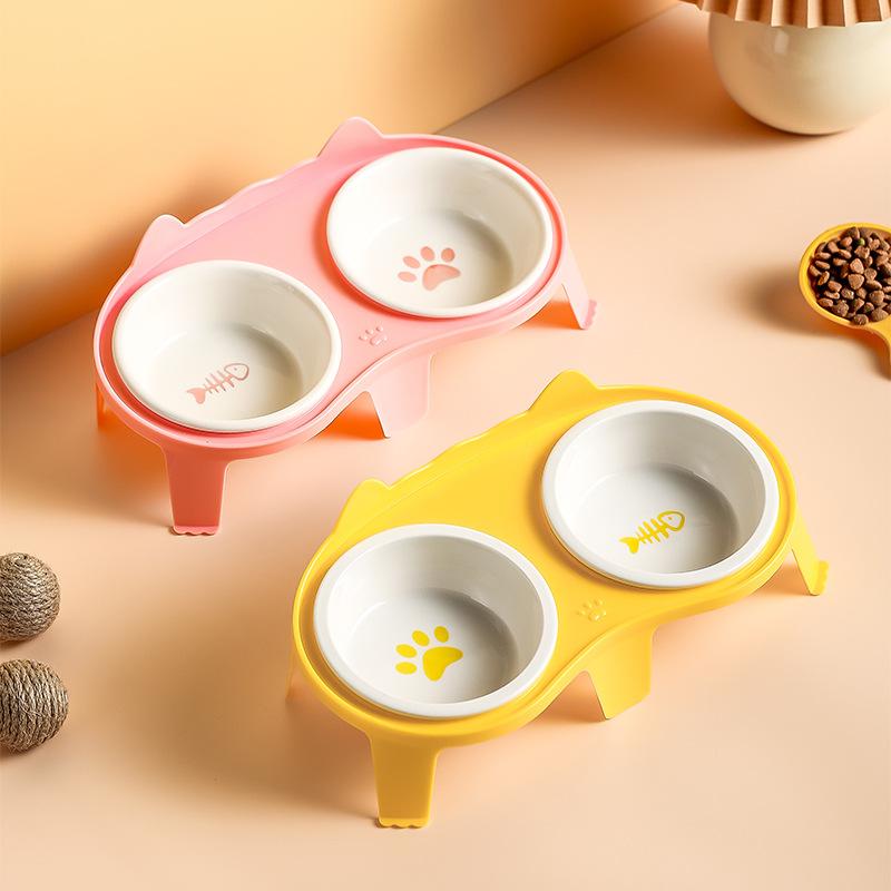 Elevated Ceramic Cat Bowl Set High Foot Dog Food Water Feeder Non Spill Pet Supplies KTY