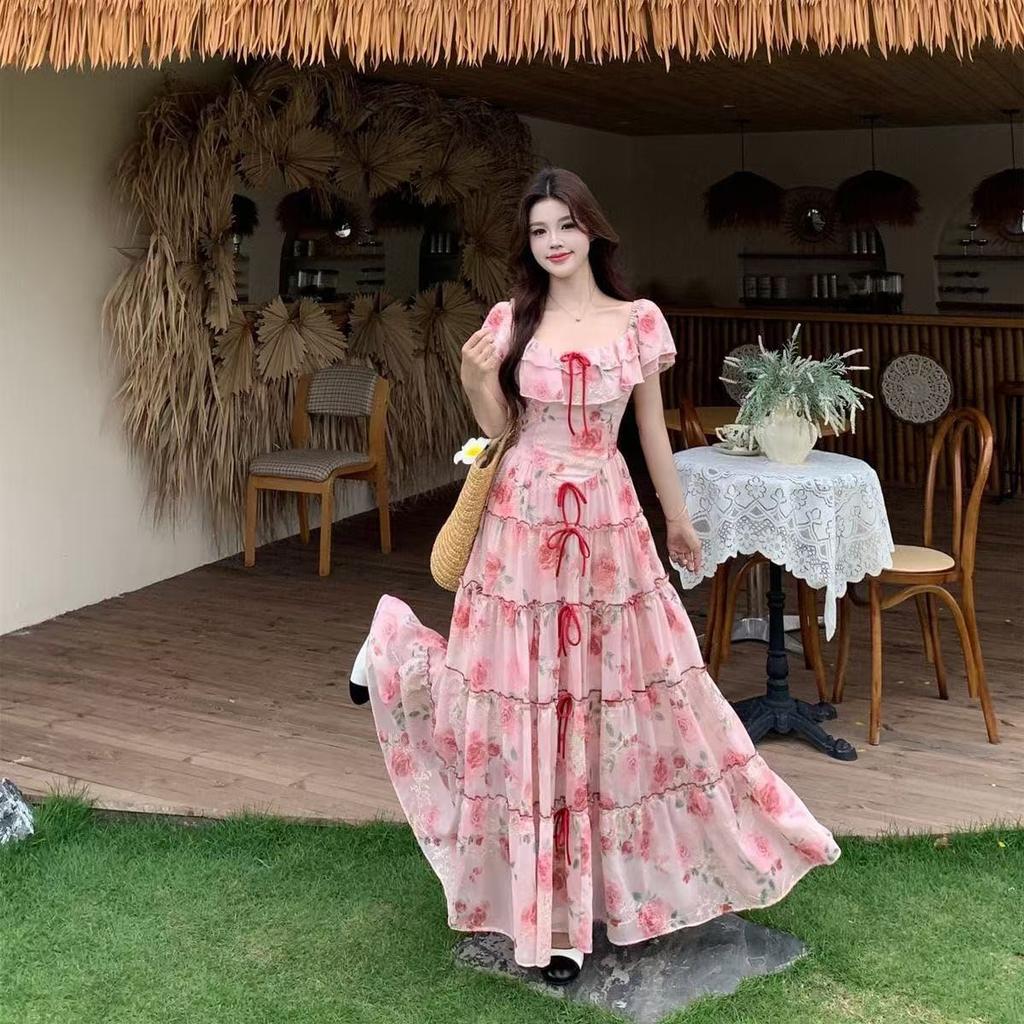 Summer new French retro ruffle edge bow long dress waist floral vacation thin temperament dress women