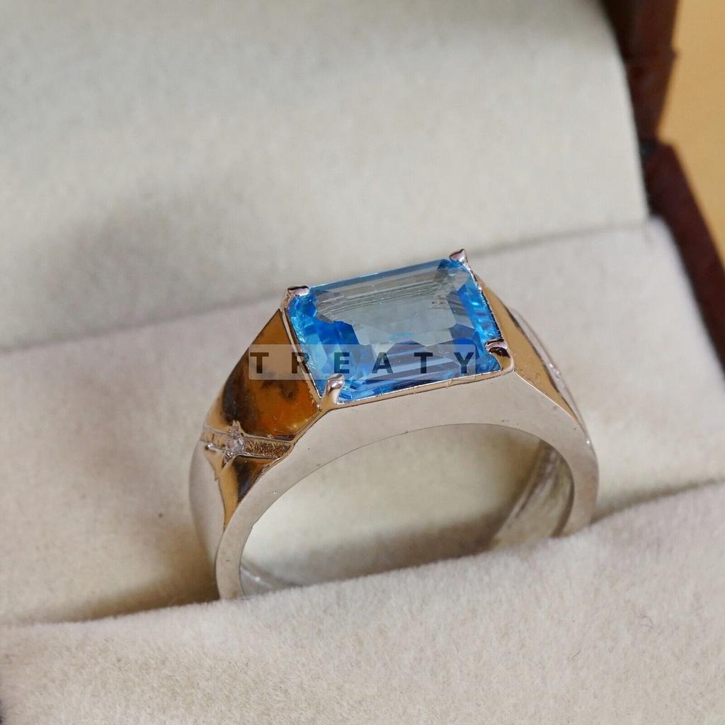 Blue Topaz Emerald Cut Gemstone With 925 Sterling Silver Ring For Men's #B740 JL375692829771