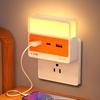 Outlet-Powered Night Lamp, Nursing Light, Stepless Dimming, 3 Color Switches, Eye-Care, Ambient Lighting, USB Powered, Fast Charging, Bedroom