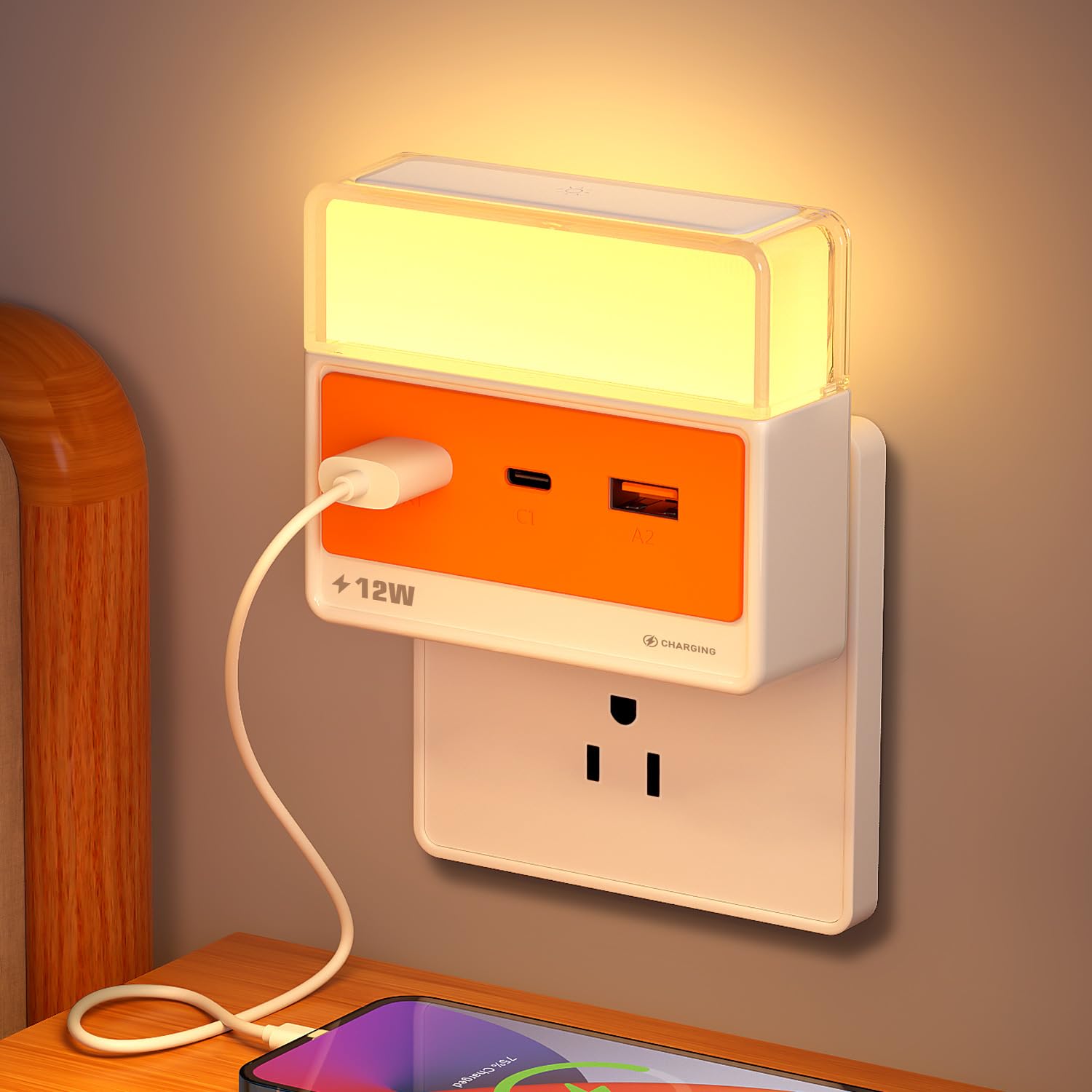 

Outlet-Powered Night Lamp, Nursing Light, Stepless Dimming, 3 Color Switches, Eye-Care, Ambient Lighting, USB Powered, Fast Charging, Bedroom