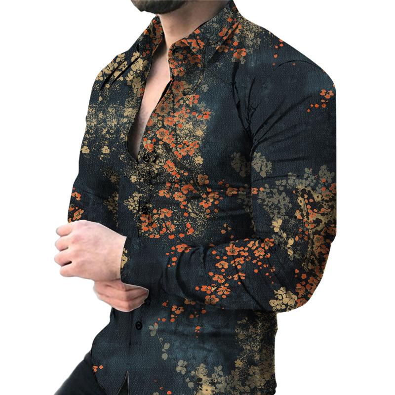 Herren-Langarm-Hemd mit Blumendruck, Trend-Dating-Mode, schwaches Stretch-Hemd