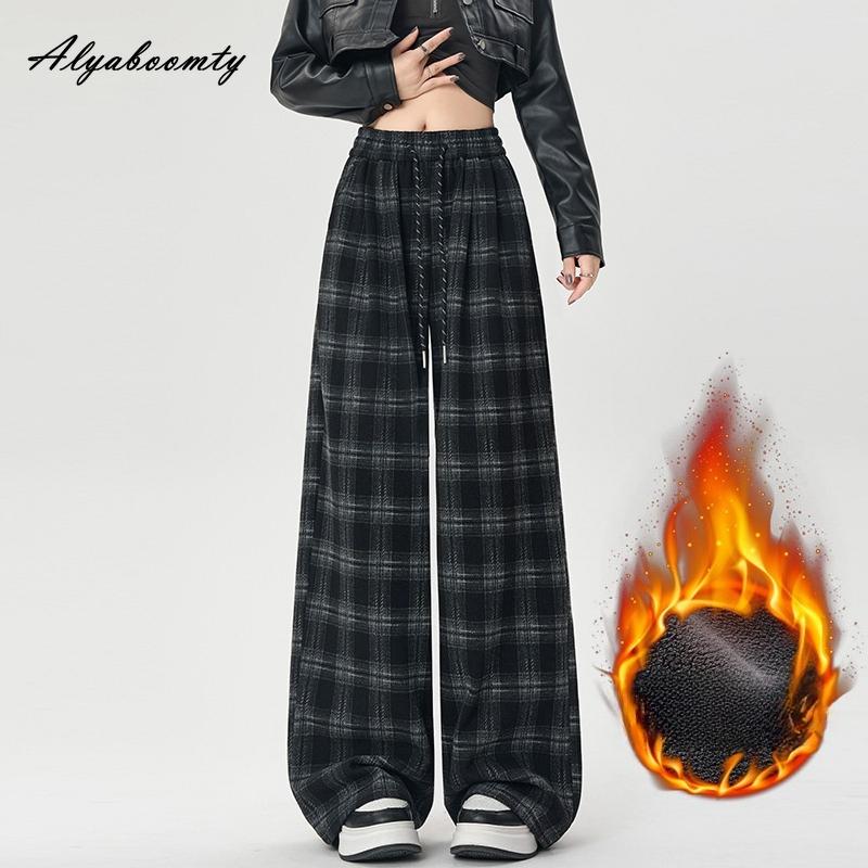 Korean Fashion Autumn Winter Women Fleece Pants High Waist Black Brown Red Navy Blue Plaid Woolen Trousers Vintage Wool Thick Warm Straight Pants