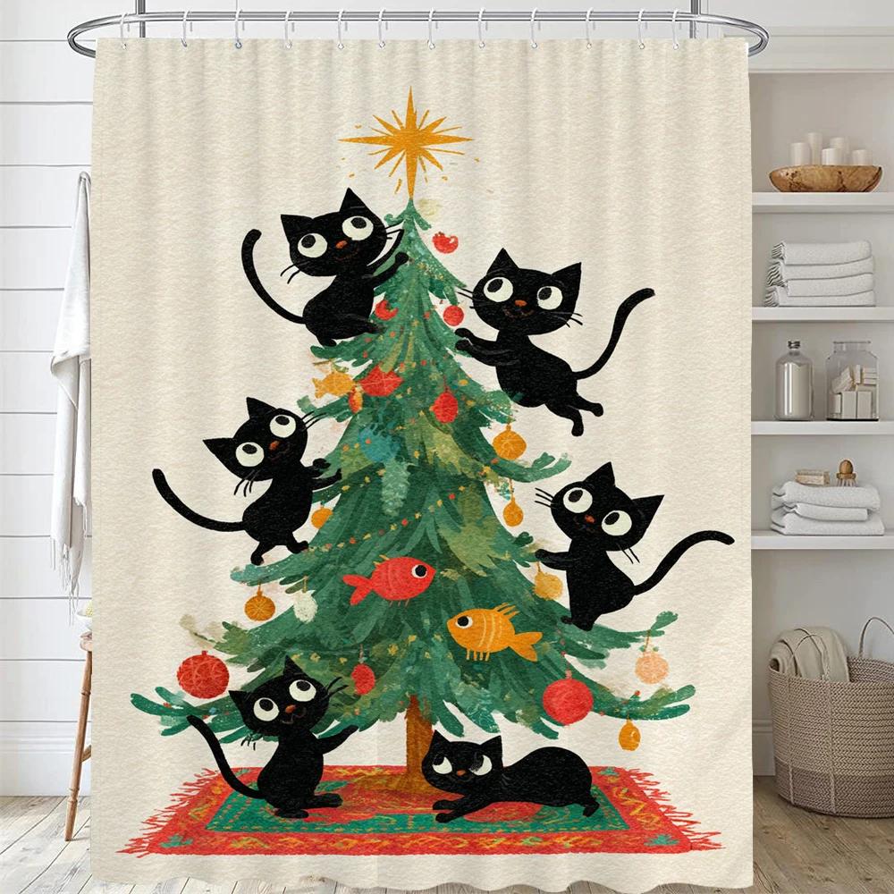 Christmas Shower Curtain,Winter Christmas Shower Curtains for Bathroom,Cute Christmas Cat Shower Curtain,with Hooks