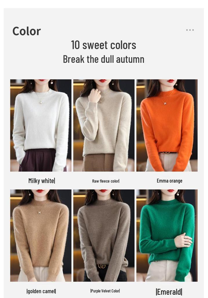 Women's Seamless Pure Wool Half-High Neck Loose Knit Sweater - Autumn Winter Cashmere Base Layer