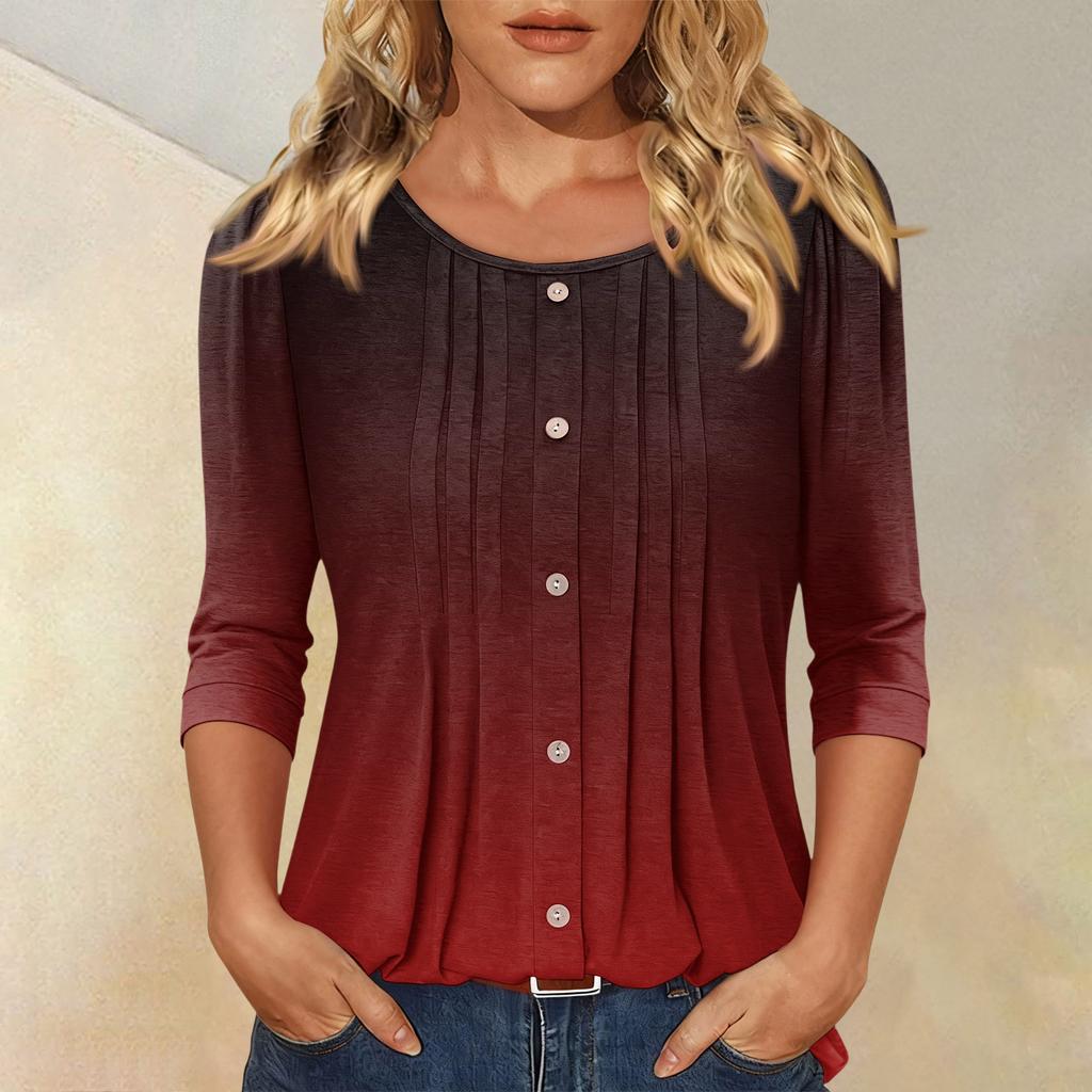 Women's Fashionable Casual Three-quarter Sleeve Button Gradient Round Neck Top