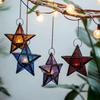 Nordic Retro Iron Art Colored Glass Wind Lamp Windproof Glass Candle Holder Hanging Five Pointed Star Candlestick Garden Decor