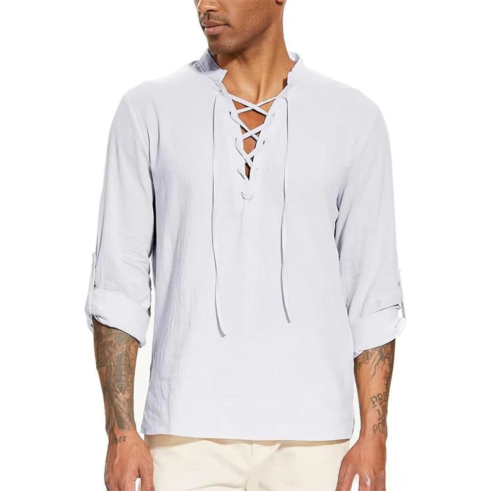 

Чоловіча піратська сорочка середньовічна вікінгська сорочка з коміром хенлі на шнурку бавовняна лляна сорочка на шнурівці з V-подібним вирізом пляжна весняно-літня майка XXXL білий