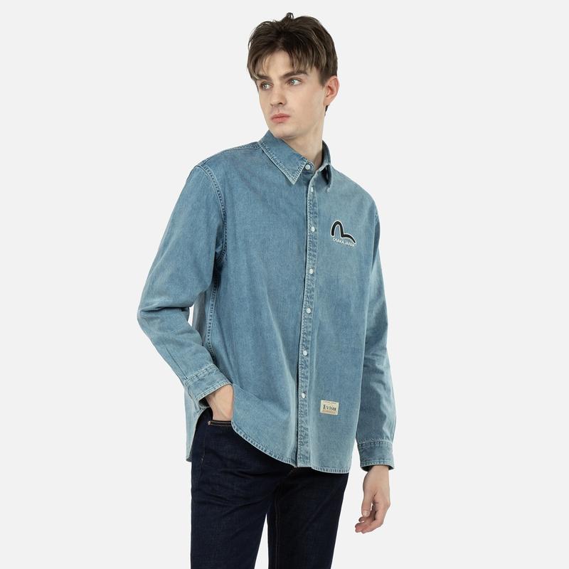 Evisu Graffiti Daruma Long Sleeve Shirt Men Shirts Denim-Blue 2ESHTM3SL111RXDN