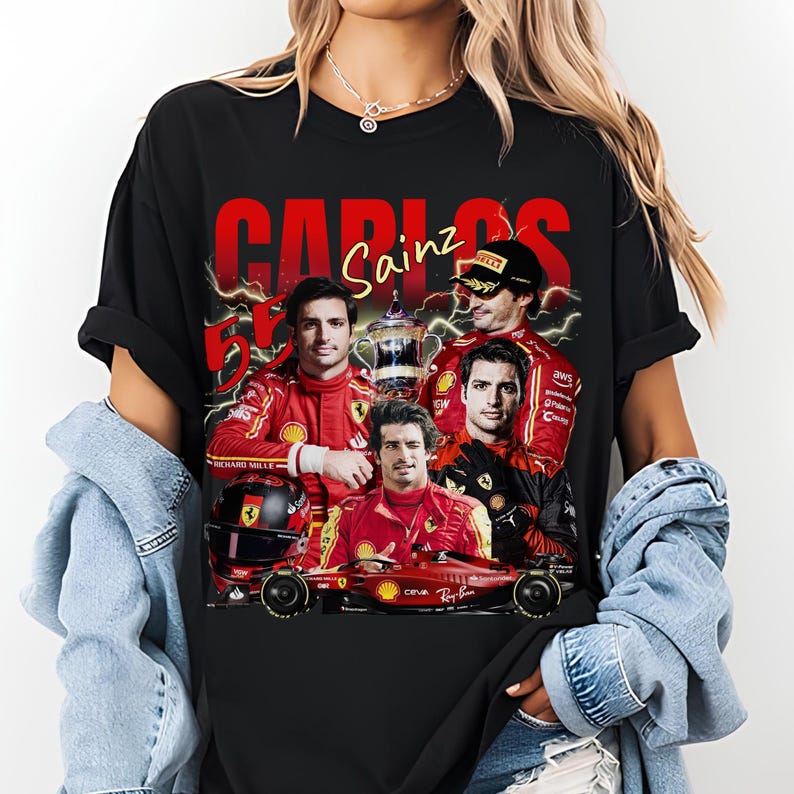 

Футболка с графическим коллажем Carlos Sainz Ferrari F1 #55, Унисекс, Оверсайз, Уличная мода, Подарок для фаната Формулы-1 4XL