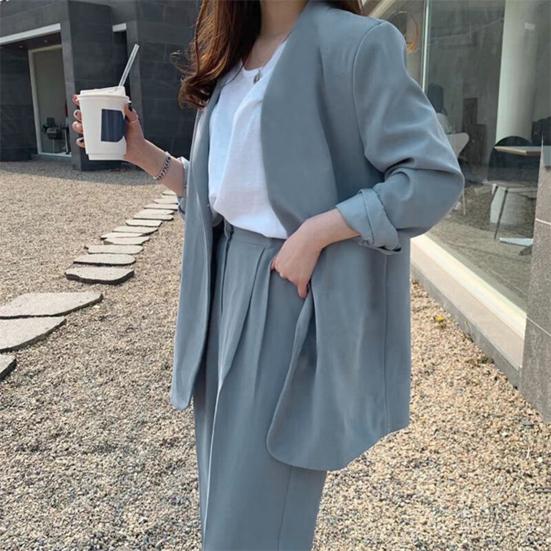 2 ks/sada Lady Formal Coat Kalhoty Set Dlouhé rukávy Otevřený steh Cardigan Střední délka Bunda Volný Rovný Široká noha Kalhoty s vysokým pasem Formální