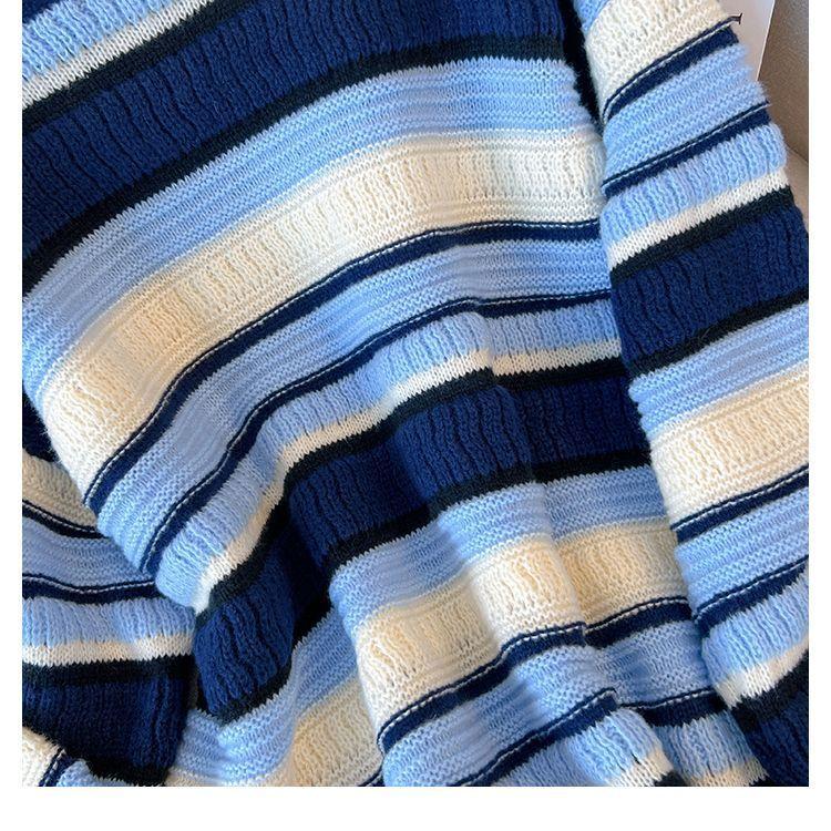 Pullover Sweater Women 2023 Autumn Loose Round Neck Design Sense Stripe Flesh Covering Knitted Sweater Pullover Female Tops