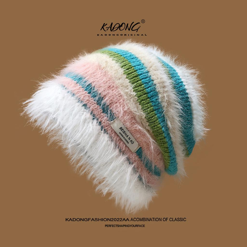 New Winter Dopamine Color Striped Wool Hat for Women Fashion Warm Face Showing Small Knitted Pile Hat