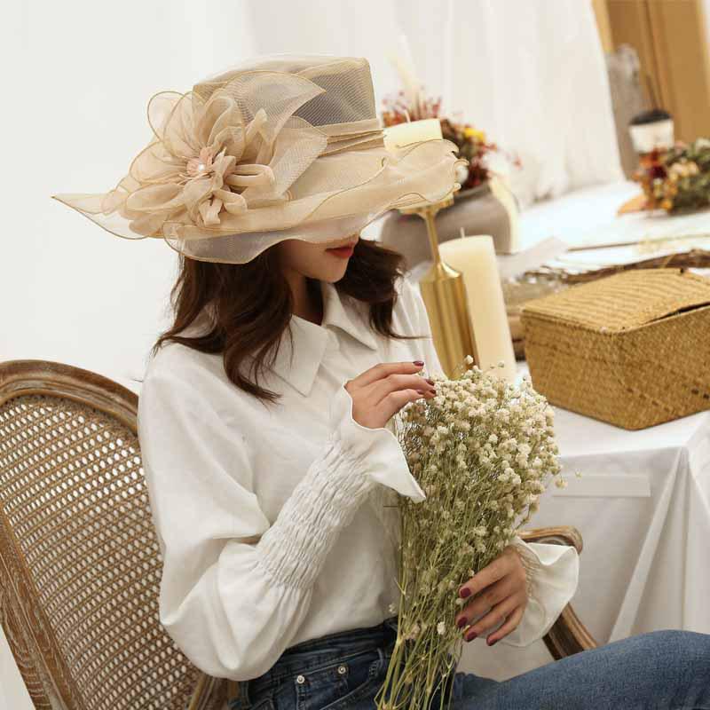 Women's Bright Color Sun Protection Hat - Breathable Organza with Single Flower for Spring/Summer Beach Travel