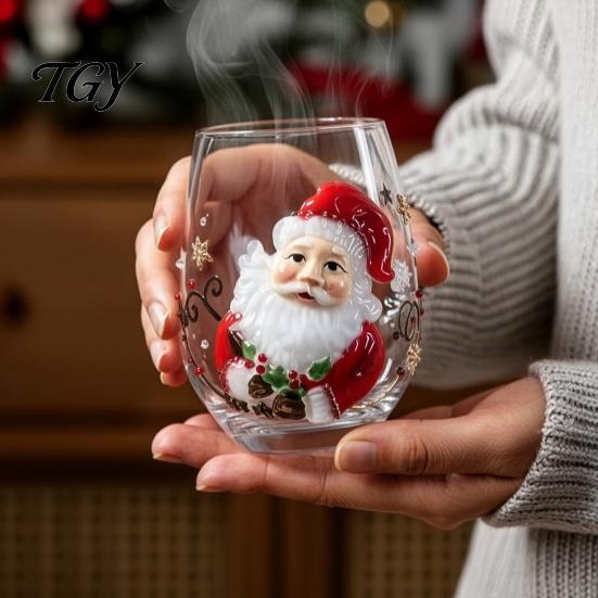 Christmas Glass Cup Stemless Cup, Santa Claus Decorative Drinking Glass, Unique Holiday Kitchenware Transparent Water Mug for Seasonal Party Supplies